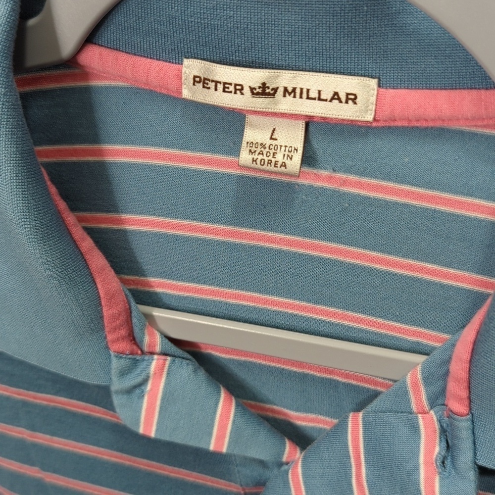 Peter Millar Blue and Pink Striped Golf Polo Size Large 100% Cotton - Picture 2 of 6